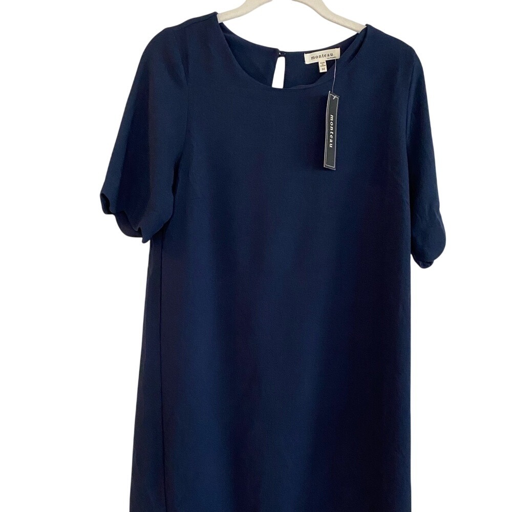 Monteau Los Angeles Jewel Neck Short Sleeve Dress‎ Navy Blue Medium NWT